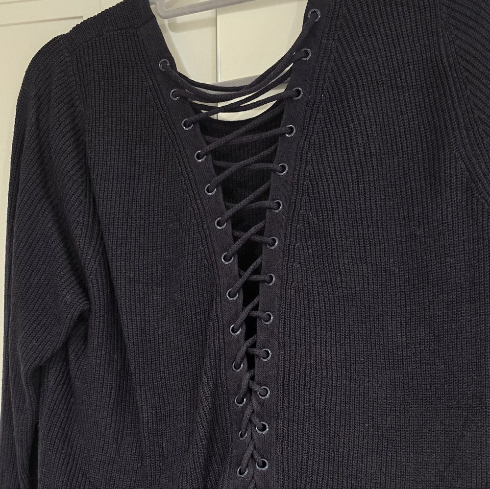 Dark Navy Lace-Up Back Sweater. 3/4 Length Sleeve New York & Company